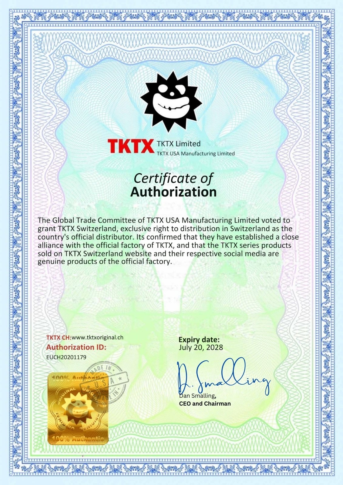 TKTX Zertifikat zur Prüfung der Originalität