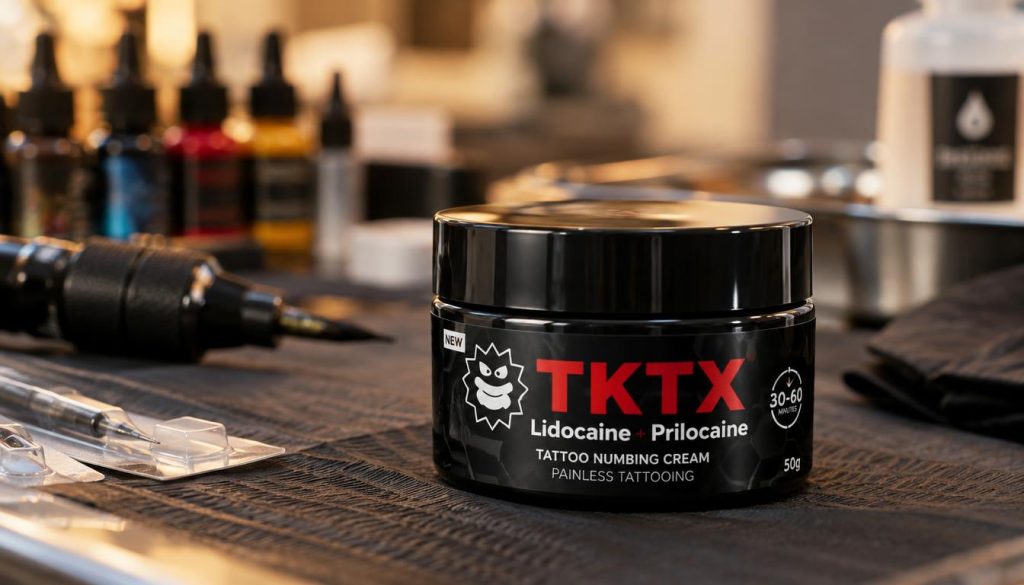 A close-up, meticulously detailed view of a tattoo cream jar labeled "TKTX" prominently featuring "Lidocaine" and "Prilocaine" on the product's packaging. The foreground should showcase the sleek, modern design of the jar with a glossy finish reflecting soft, diffused lighting that creates an inviting atmosphere. In the middle ground, a tattoo artist's workstation can be subtly hinted at—showing tools like needles and ink bottles in a blurred background to suggest a professional setting. The overall mood is calming and clinical, emphasizing the cream's use for painless tattooing. Use a shallow depth of field to focus on the jar, with warm, soft lighting to convey a sense of comfort and relief associated with the product. A close-up, meticulously detailed view of a tattoo cream jar labeled "TKTX" prominently featuring "Lidocaine" and "Prilocaine" on the product's packaging. The foreground should showcase the sleek, modern design of the jar with a glossy finish reflecting soft, diffused lighting that creates an inviting atmosphere. In the middle ground, a tattoo artist's workstation can be subtly hinted at—showing tools like needles and ink bottles in a blurred background to suggest a professional setting. The overall mood is calming and clinical, emphasizing the cream's use for painless tattooing. Use a shallow depth of field to focus on the jar, with warm, soft lighting to convey a sense of comfort and relief associated with the product.